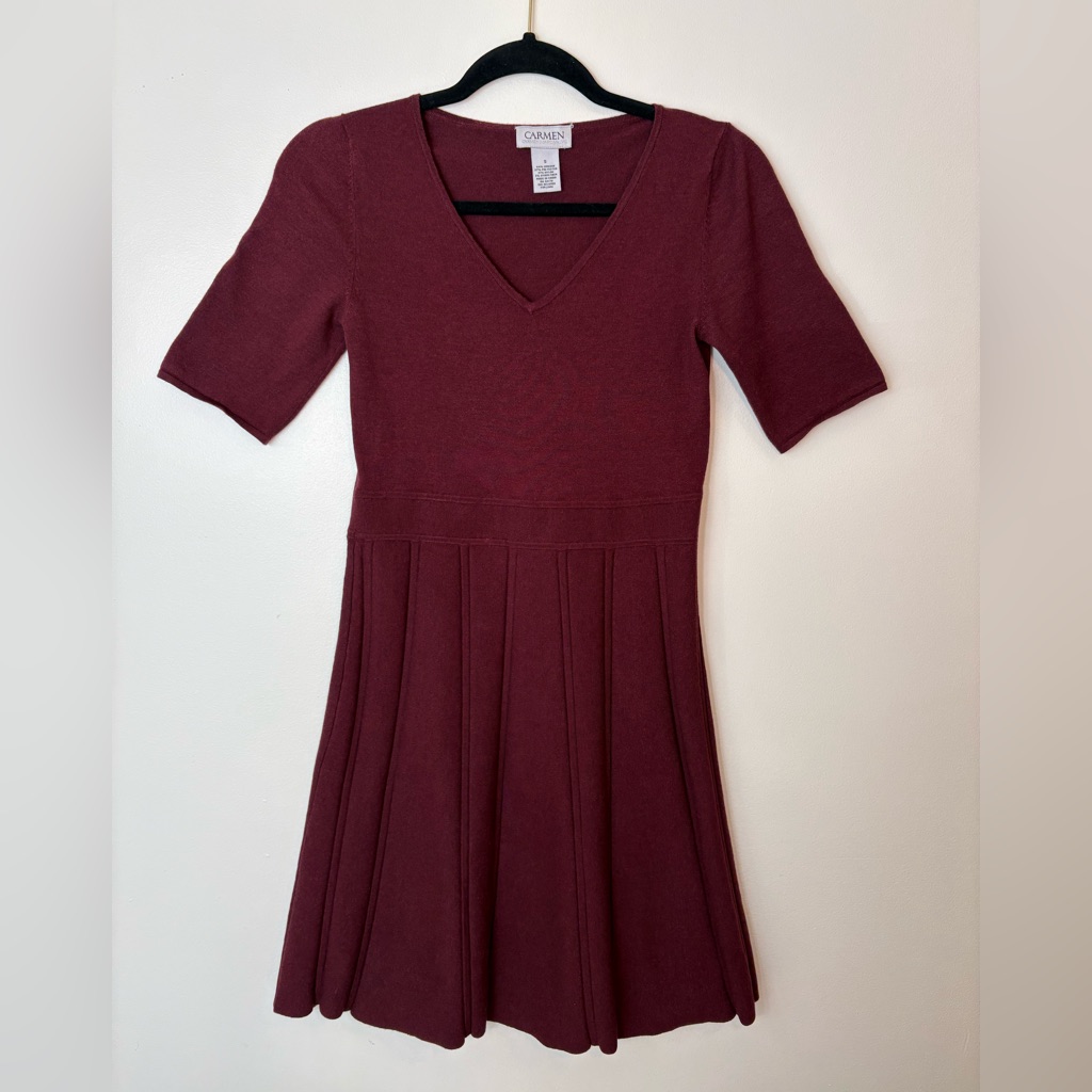 Carmen Marc Valvo Burgundy V-Neck Mini Dress